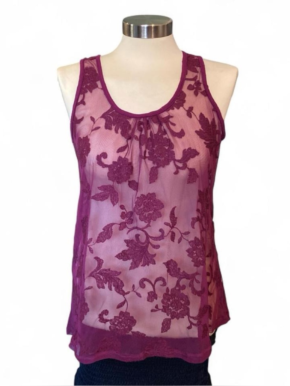 Bobeau Sheer Lace Tank Top in Deep Wine